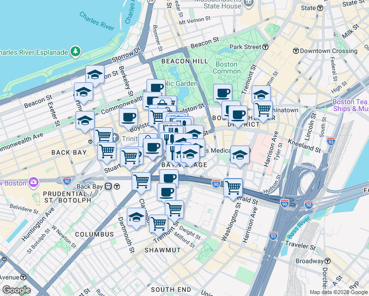 map of restaurants, bars, coffee shops, grocery stores, and more near 100 Arlington Street in Boston