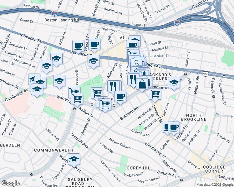 map of restaurants, bars, coffee shops, grocery stores, and more near Glenville Avenue in Allston