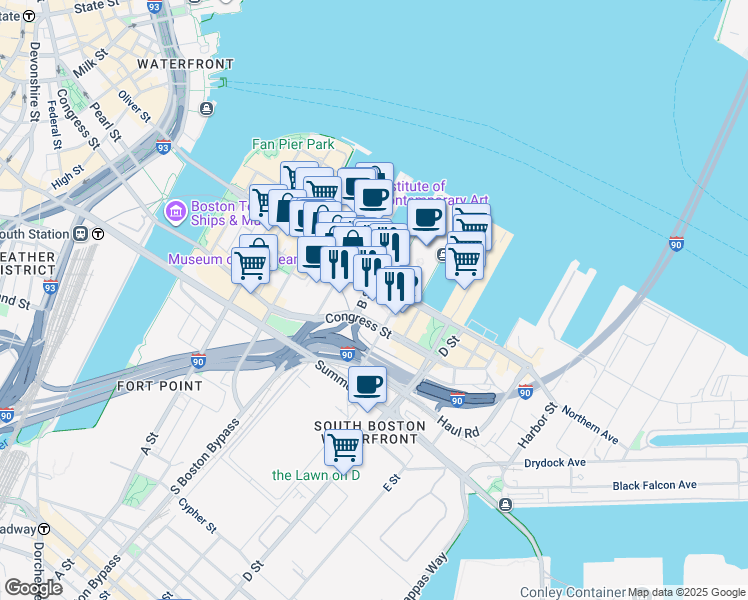 map of restaurants, bars, coffee shops, grocery stores, and more near 155 Seaport Boulevard in Boston