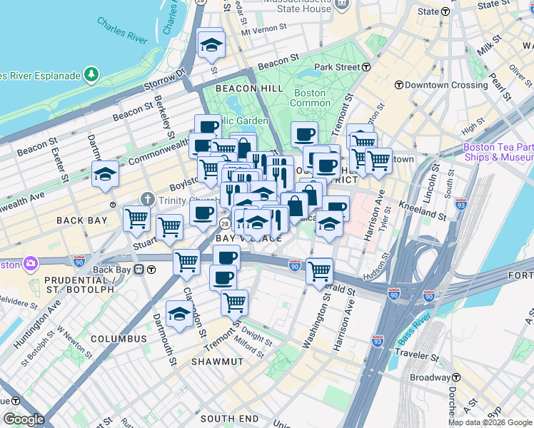 map of restaurants, bars, coffee shops, grocery stores, and more near 34-38 Winchester Street in Boston