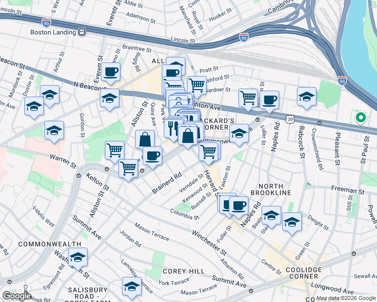 map of restaurants, bars, coffee shops, grocery stores, and more near 1254 Commonwealth Avenue in Boston