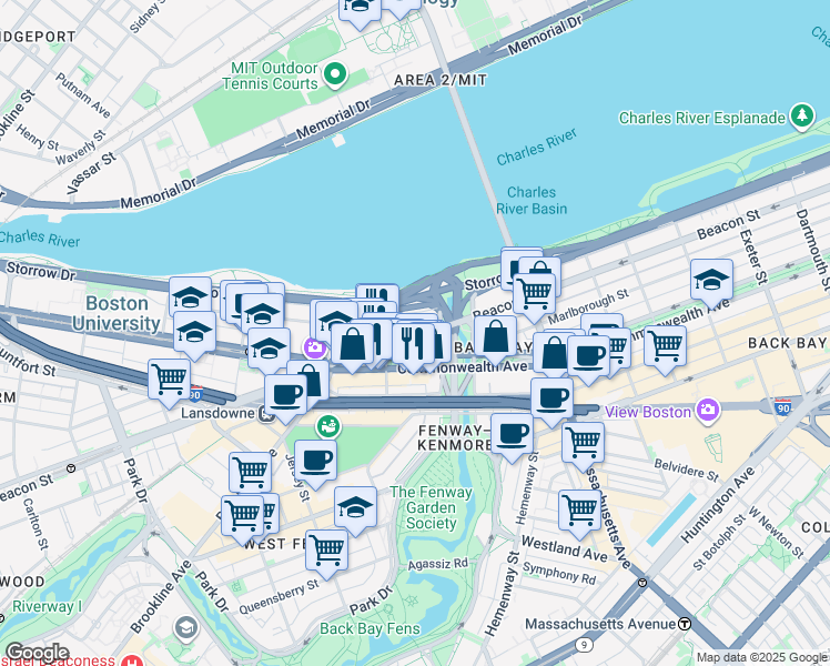 map of restaurants, bars, coffee shops, grocery stores, and more near 483 Commonwealth Avenue in Boston