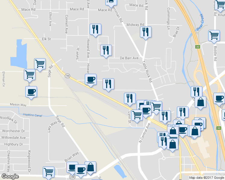 map of restaurants, bars, coffee shops, grocery stores, and more near Berrydale Avenue in Medford