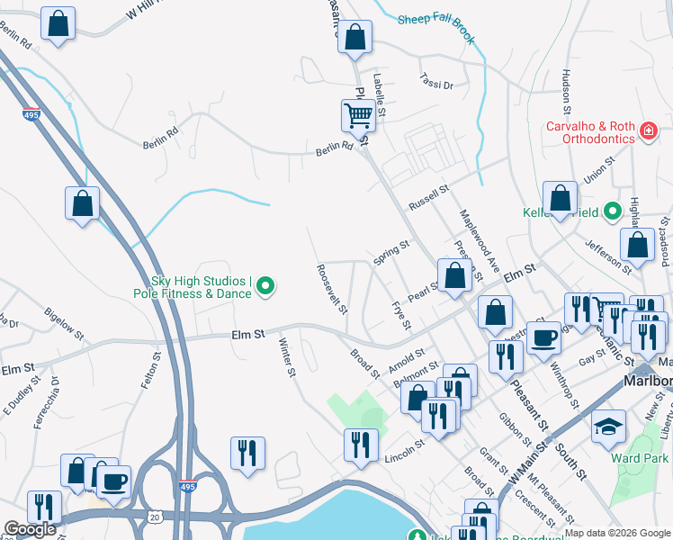 map of restaurants, bars, coffee shops, grocery stores, and more near 37 Roosevelt Street in Marlborough