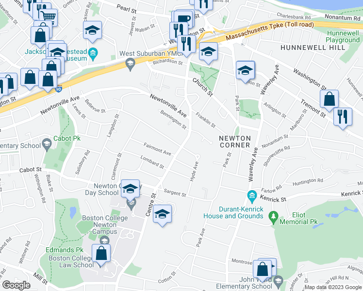 map of restaurants, bars, coffee shops, grocery stores, and more near 621 Centre Street in Newton