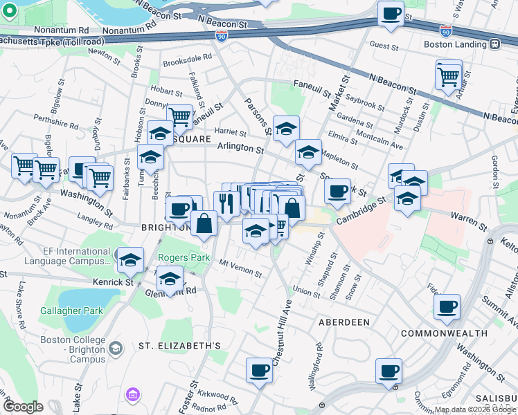 map of restaurants, bars, coffee shops, grocery stores, and more near 15 Parsons Street in Boston
