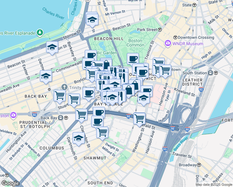 map of restaurants, bars, coffee shops, grocery stores, and more near 53 Church Street in Boston