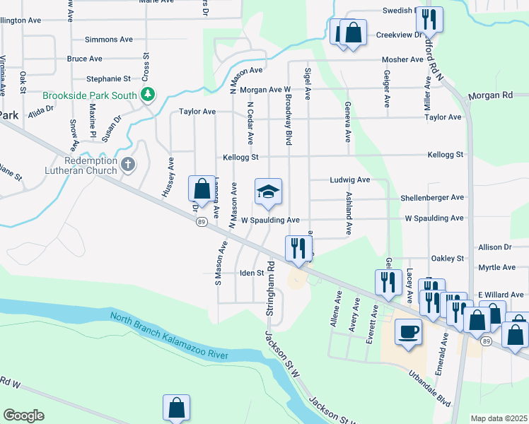 map of restaurants, bars, coffee shops, grocery stores, and more near 65 North Woodlawn Avenue in Battle Creek