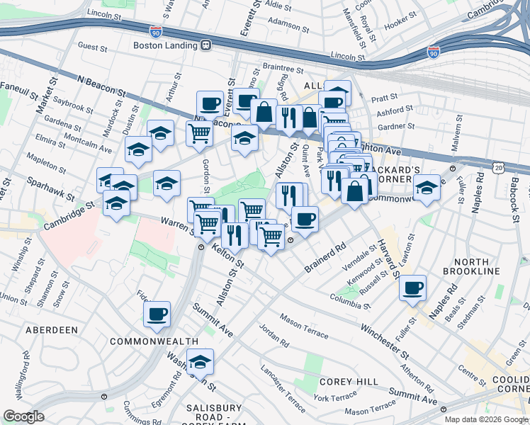 map of restaurants, bars, coffee shops, grocery stores, and more near 102 Allston Street in Allston