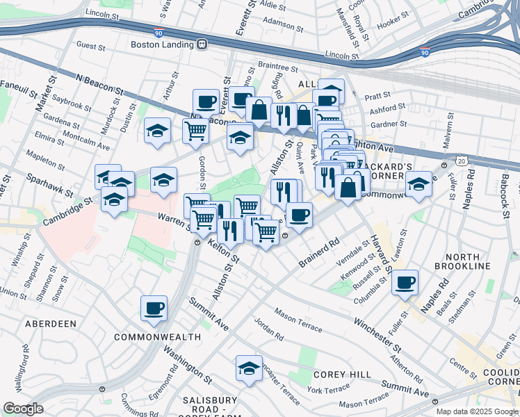map of restaurants, bars, coffee shops, grocery stores, and more near 28 Long Avenue in Boston