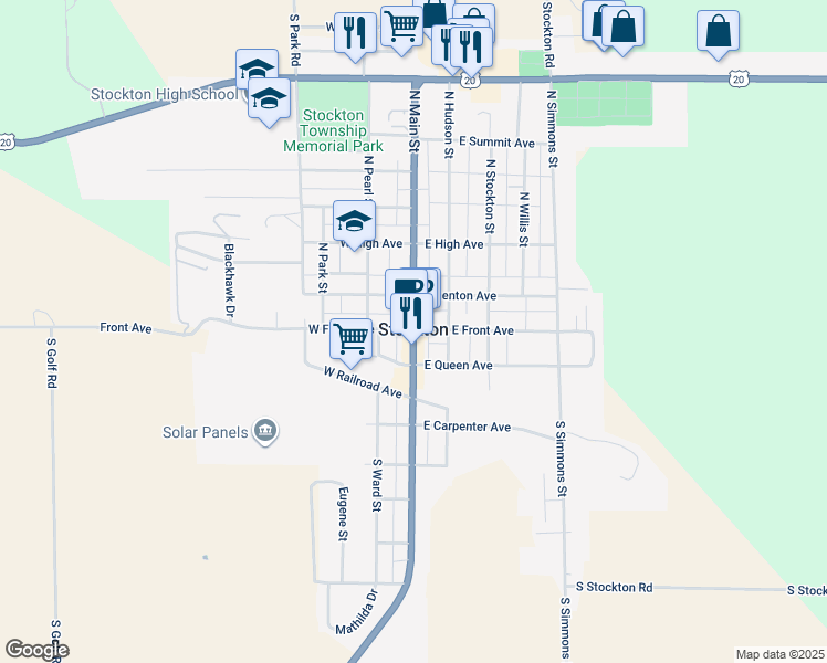 map of restaurants, bars, coffee shops, grocery stores, and more near 100 South Main Street in Stockton