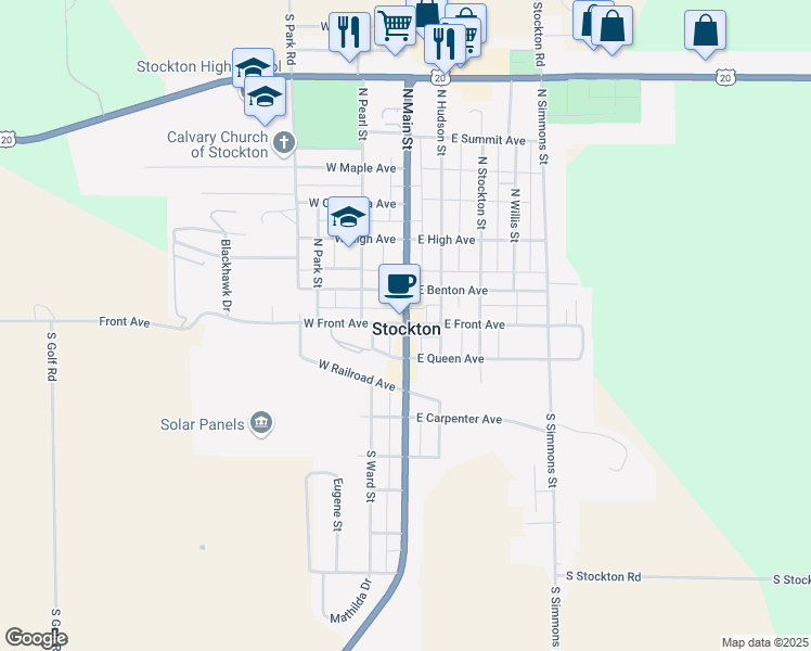 map of restaurants, bars, coffee shops, grocery stores, and more near 100 South Main Street in Stockton