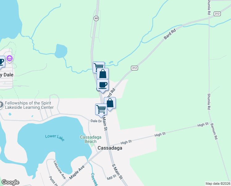 map of restaurants, bars, coffee shops, grocery stores, and more near 3811 Bard Road in Cassadaga