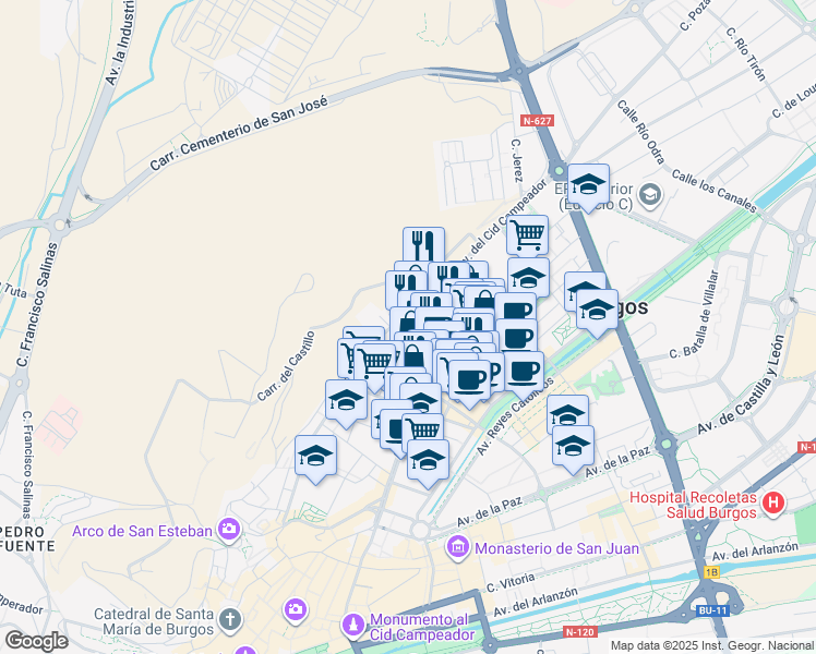 map of restaurants, bars, coffee shops, grocery stores, and more near 14 Calle Abad Maluenda in Burgos