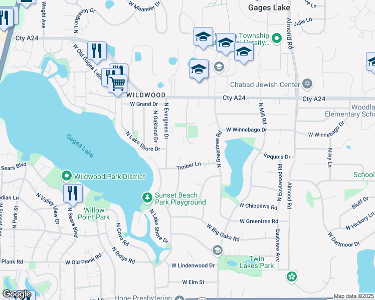 map of restaurants, bars, coffee shops, grocery stores, and more near 33495 North Lone Rock Road in Grayslake