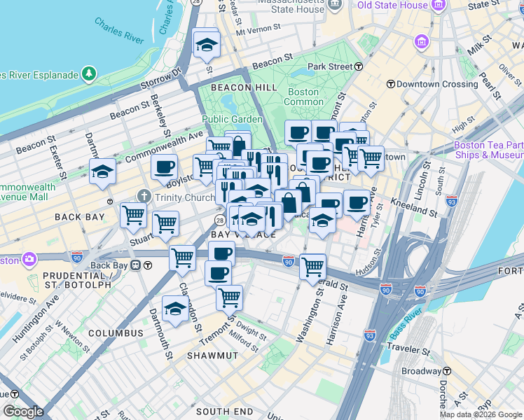 map of restaurants, bars, coffee shops, grocery stores, and more near 34-38 Winchester Street in Boston