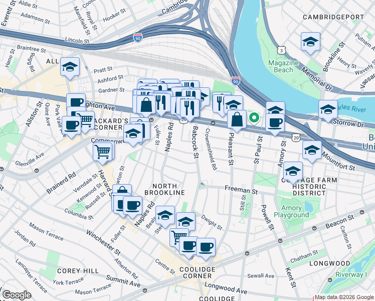 map of restaurants, bars, coffee shops, grocery stores, and more near 27 Osborne Road in Brookline