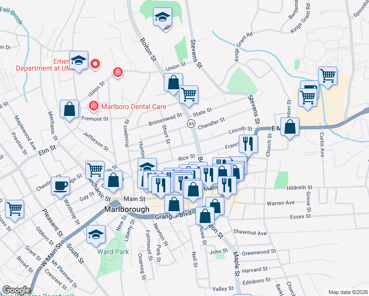 map of restaurants, bars, coffee shops, grocery stores, and more near 146 Lincoln Street in Marlborough