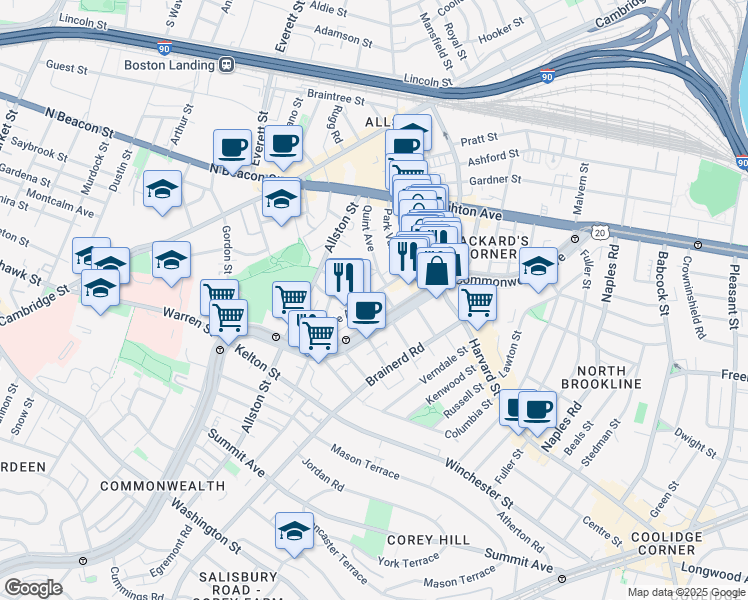 map of restaurants, bars, coffee shops, grocery stores, and more near 48 Glenville Avenue in Boston