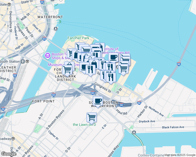 map of restaurants, bars, coffee shops, grocery stores, and more near 155 Seaport Boulevard in Boston
