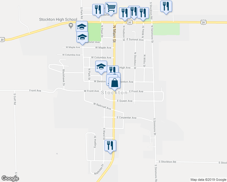 map of restaurants, bars, coffee shops, grocery stores, and more near 104 West Front Avenue in Stockton