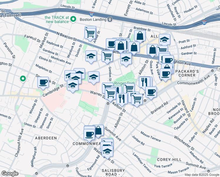 map of restaurants, bars, coffee shops, grocery stores, and more near 103 Gordon Street in Boston