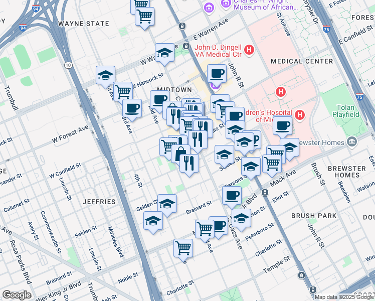 map of restaurants, bars, coffee shops, grocery stores, and more near 434 West Alexandrine Street in Detroit