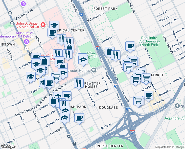 map of restaurants, bars, coffee shops, grocery stores, and more near 3526 Saint Antoine Street in Detroit