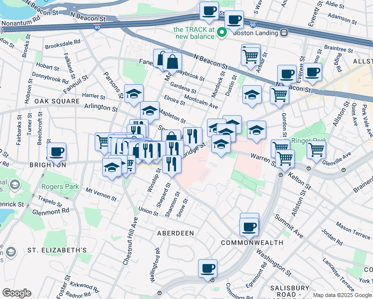 map of restaurants, bars, coffee shops, grocery stores, and more near 736 Cambridge Street in Boston