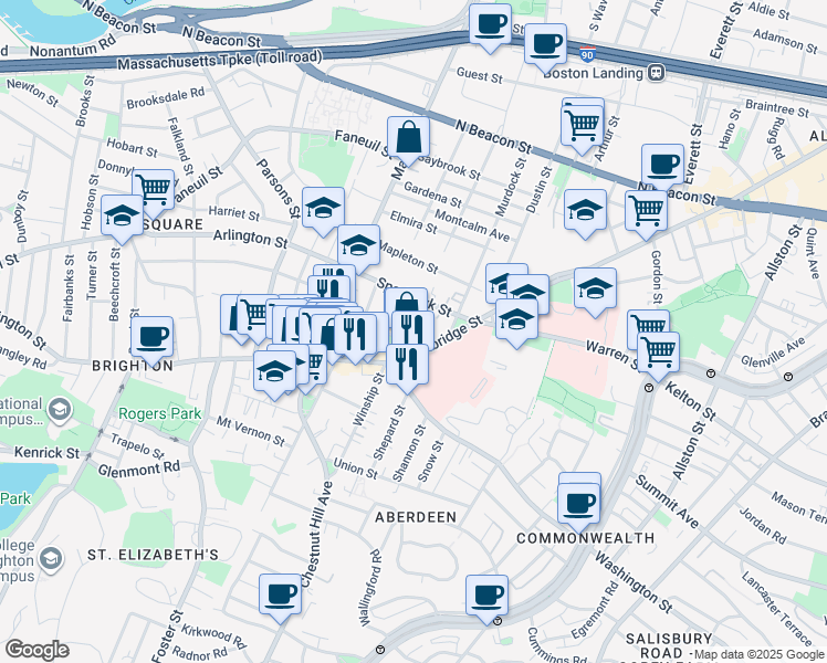 map of restaurants, bars, coffee shops, grocery stores, and more near 736 Cambridge Street in Boston