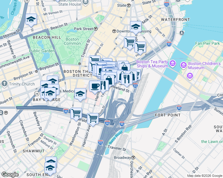 map of restaurants, bars, coffee shops, grocery stores, and more near 66 Hudson Street in Boston