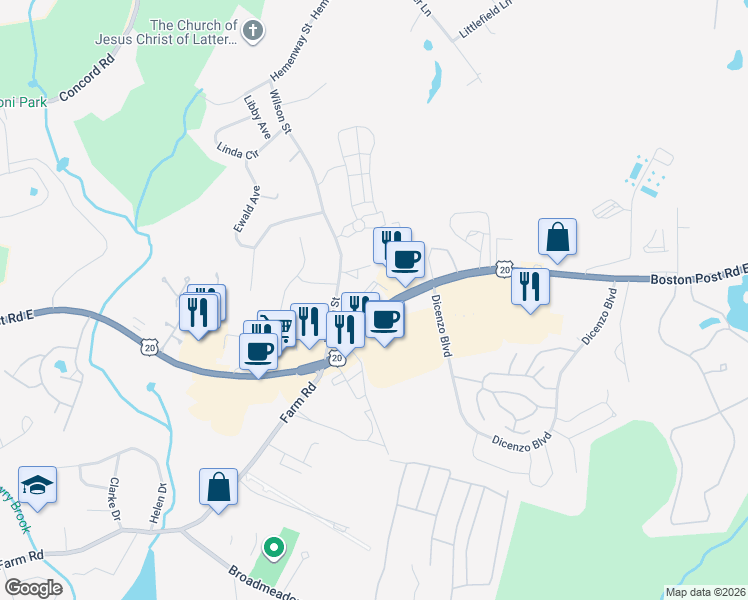 map of restaurants, bars, coffee shops, grocery stores, and more near 606 Boston Post Road East in Marlborough