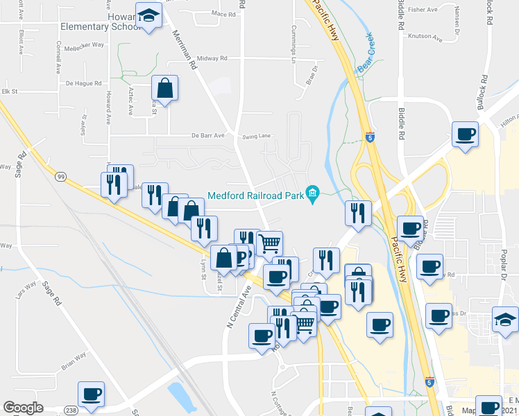 map of restaurants, bars, coffee shops, grocery stores, and more near Table Rock Rd & Berrydale Ave in Medford