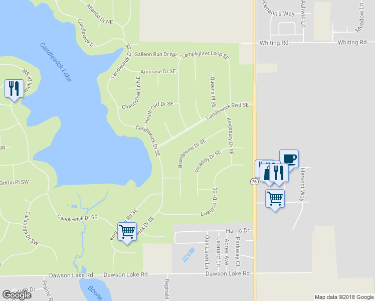 map of restaurants, bars, coffee shops, grocery stores, and more near 132 Brandywine Drive Southeast in Poplar Grove