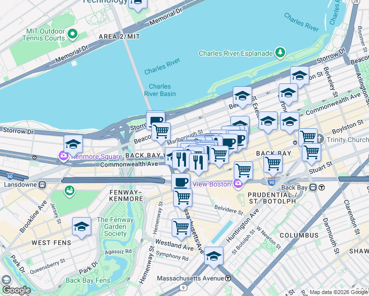 map of restaurants, bars, coffee shops, grocery stores, and more near 322 Massachusetts 2 in Boston