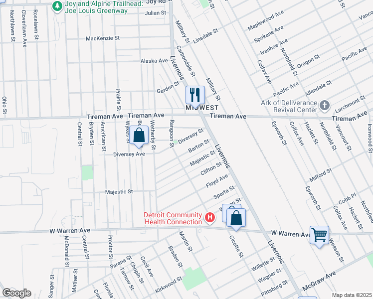 map of restaurants, bars, coffee shops, grocery stores, and more near 6476 Barton Street in Detroit