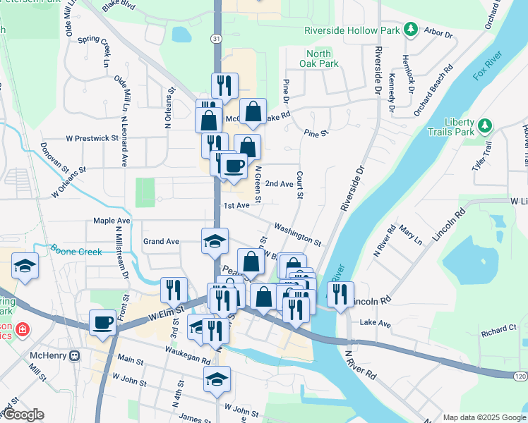 map of restaurants, bars, coffee shops, grocery stores, and more near 3504 Washington Street in McHenry