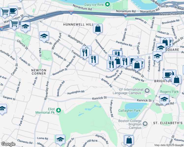 map of restaurants, bars, coffee shops, grocery stores, and more near 149 Brayton Road in Boston