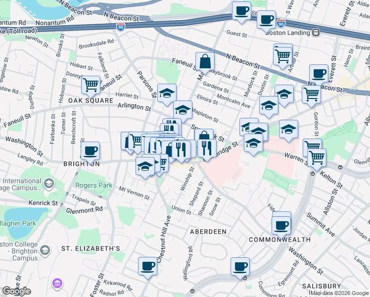 map of restaurants, bars, coffee shops, grocery stores, and more near 302 Washington Street in Boston