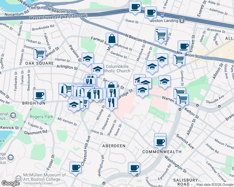 map of restaurants, bars, coffee shops, grocery stores, and more near 736 Cambridge Street in Boston
