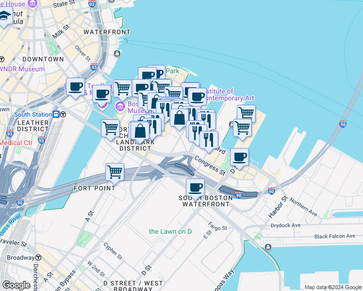 map of restaurants, bars, coffee shops, grocery stores, and more near 131 Seaport Boulevard in Boston