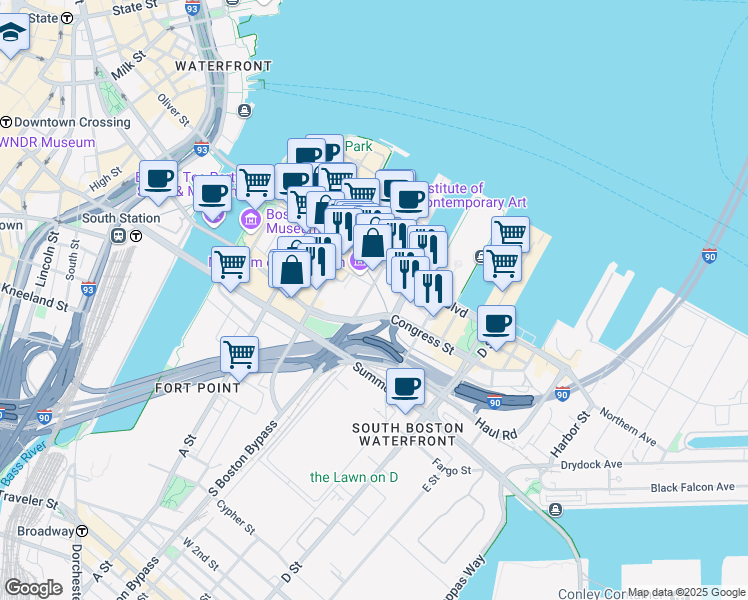 map of restaurants, bars, coffee shops, grocery stores, and more near 131 Seaport Boulevard in Boston