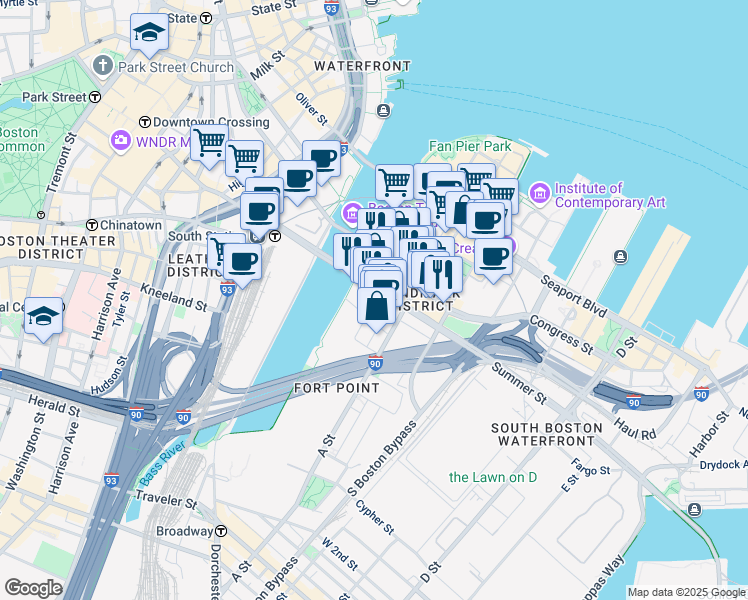 map of restaurants, bars, coffee shops, grocery stores, and more near 15 Necco Street in Boston