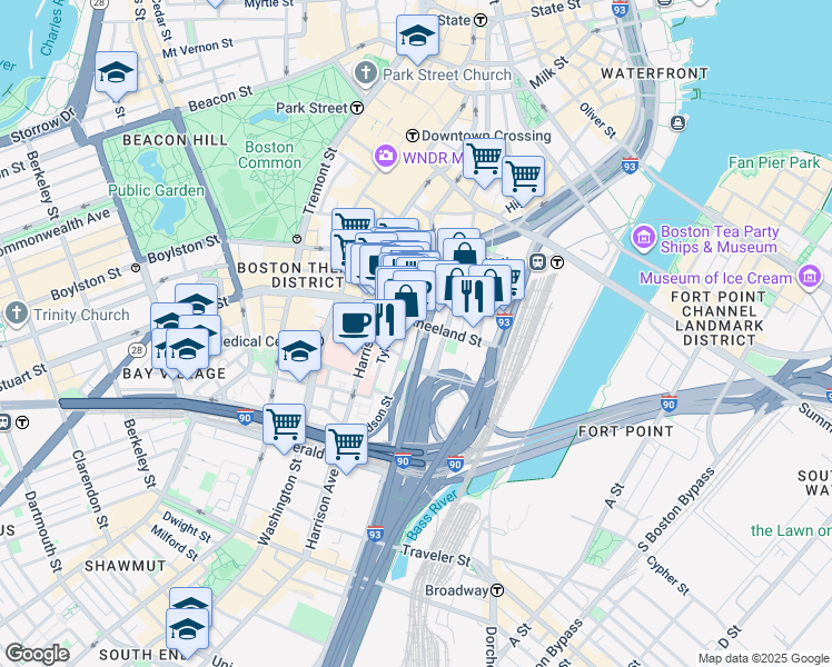 map of restaurants, bars, coffee shops, grocery stores, and more near in Boston