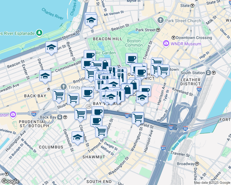 map of restaurants, bars, coffee shops, grocery stores, and more near 34-38 Winchester Street in Boston