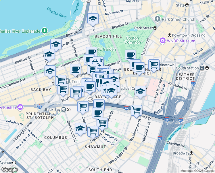 map of restaurants, bars, coffee shops, grocery stores, and more near in Boston