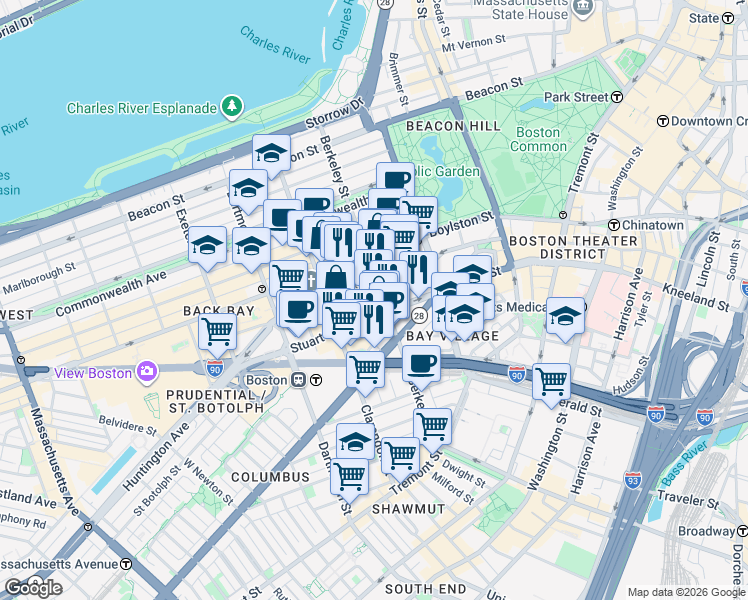 map of restaurants, bars, coffee shops, grocery stores, and more near 385 Stuart Street in Boston