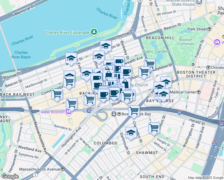 map of restaurants, bars, coffee shops, grocery stores, and more near 215 Dartmouth Street in Boston