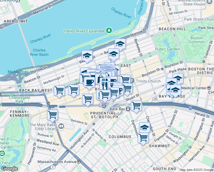 map of restaurants, bars, coffee shops, grocery stores, and more near in Boston