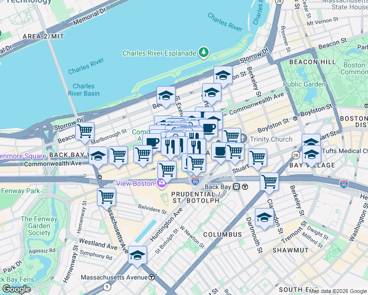 map of restaurants, bars, coffee shops, grocery stores, and more near 754 Boylston Street in Boston